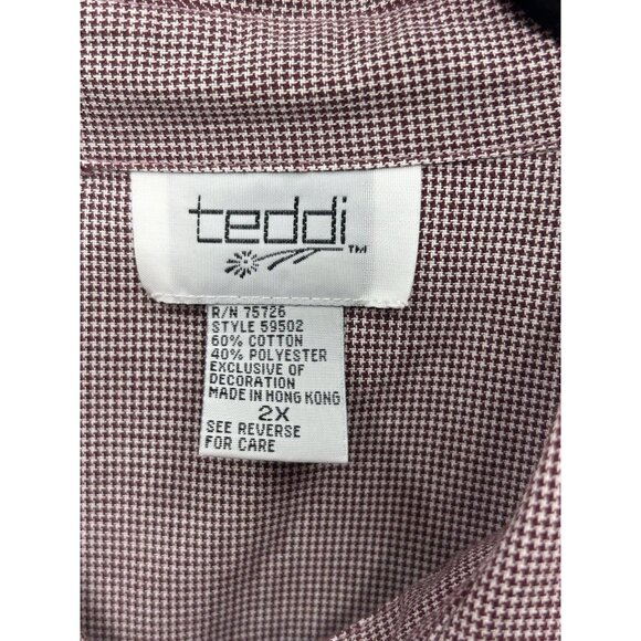 VTG Teddi Button Up Shirt 2X Embroidered Cats Burgundy Houndstooth Short Sleeve - Picture 8 of 8